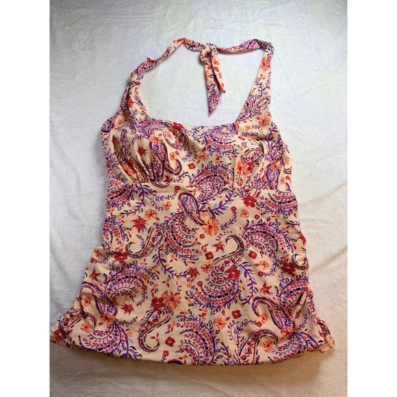 Lands' End Other - Lands' End Women's Wood Lilly Paisley Halter Tankini Swim Top Sz 16 Coral UPF 50